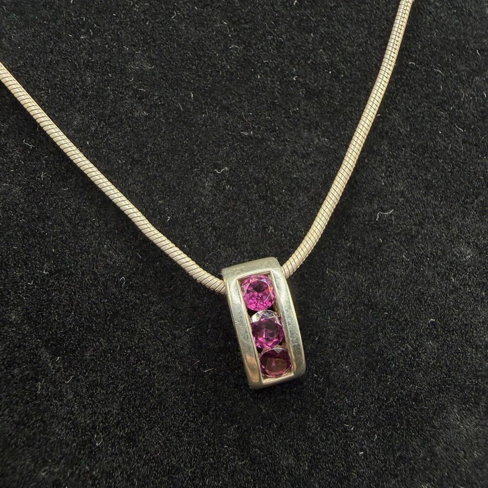 925 Sterling Silver Pink Crystal Pendant Snake Chain Necklace 18" 7g